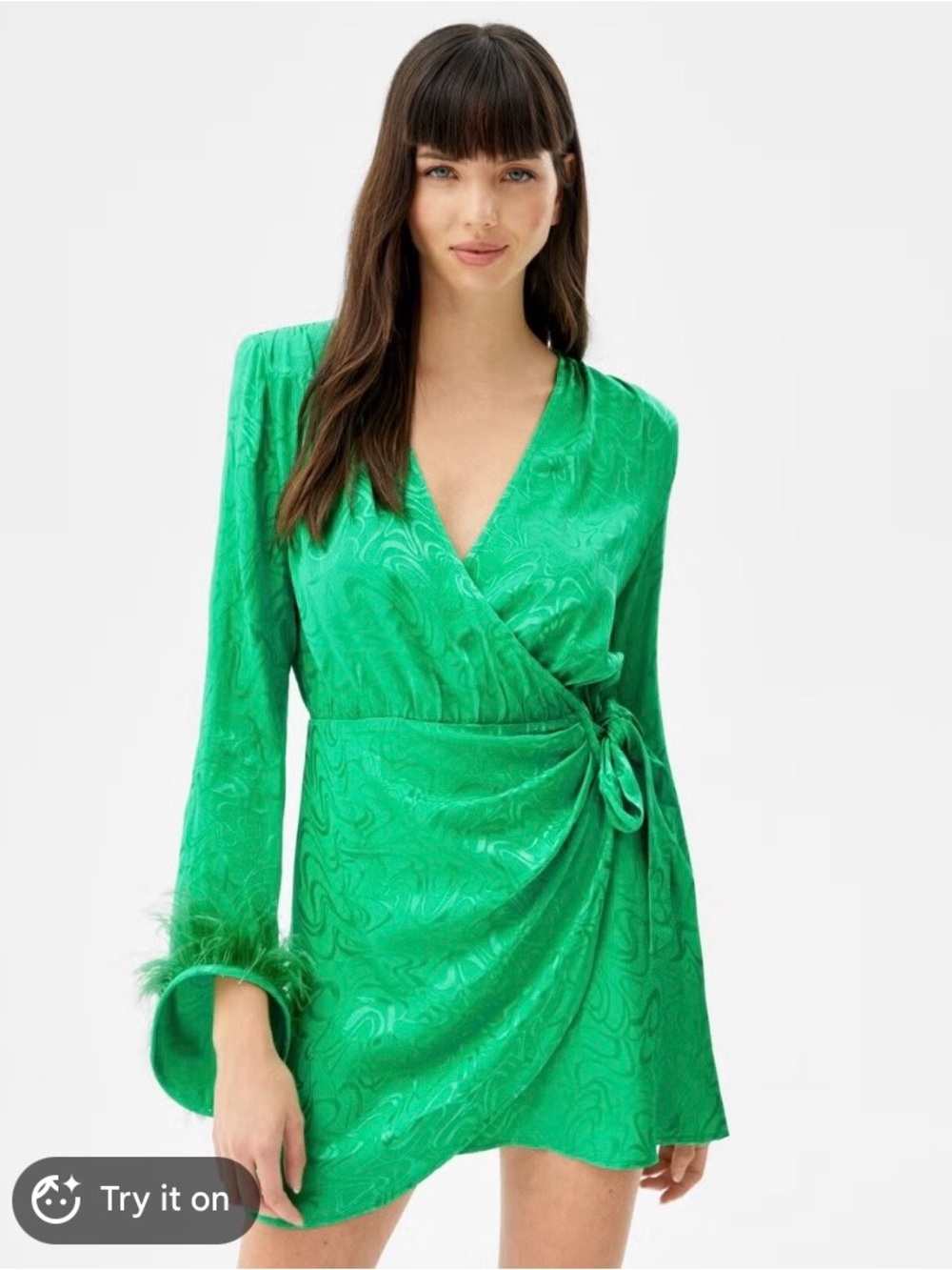 Forever 21 Emerald Green Wrap Mini Dress with Feather Cuffs